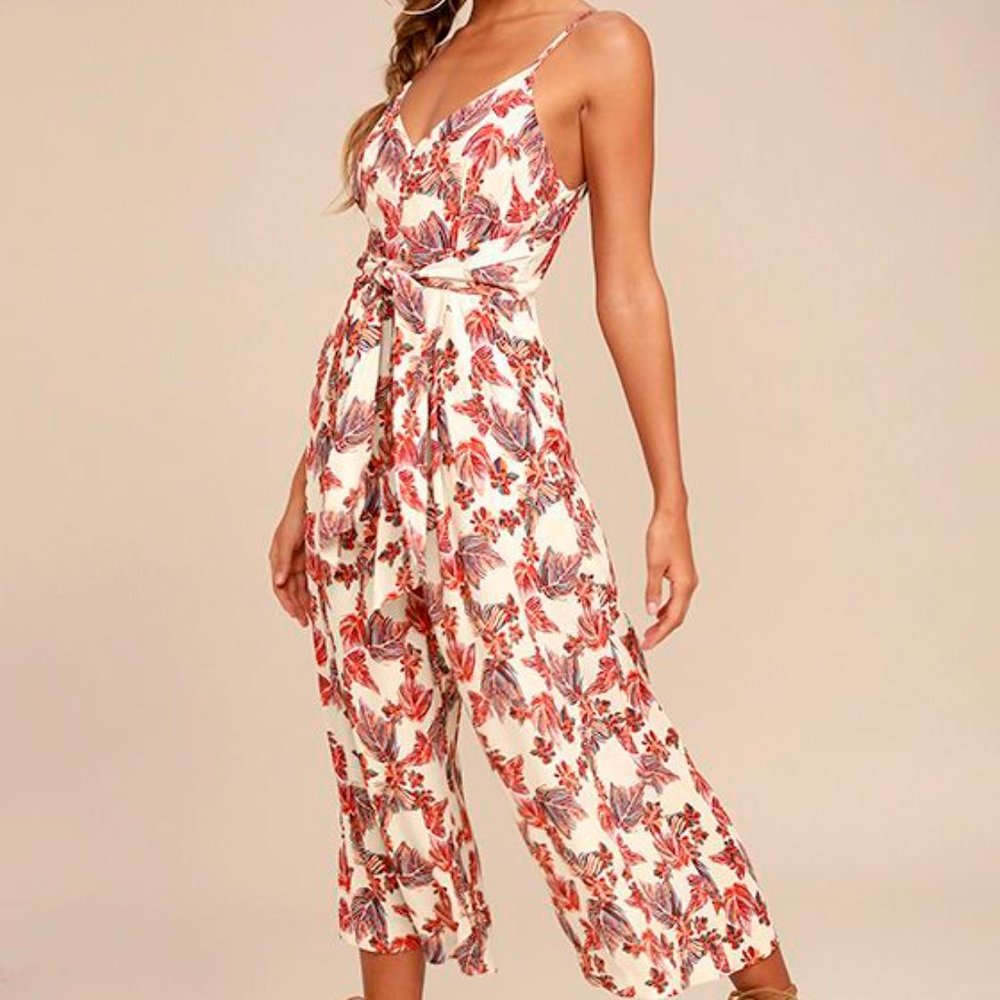 Free People Red and Cream Floral Jumpsuit